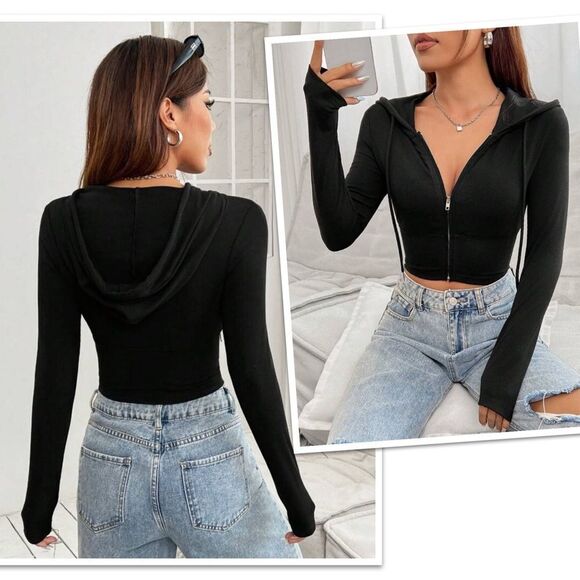 SHEIN Tops - SHEIN PETITE Zip Up Drawstring Crop Hoodie Black / Petite L(8/10)